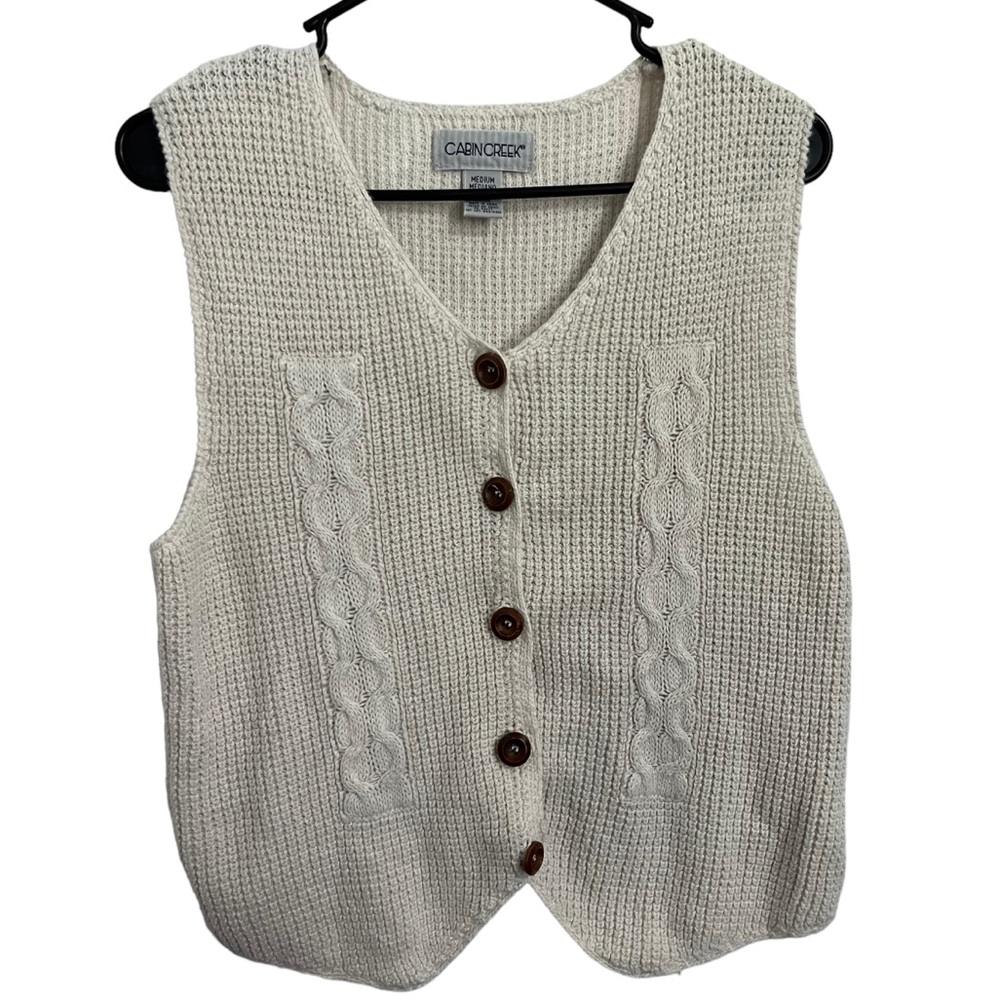 Vintage Cabin Creek Cream Waffle Knit Knitted Yarn Vest Size Medium
